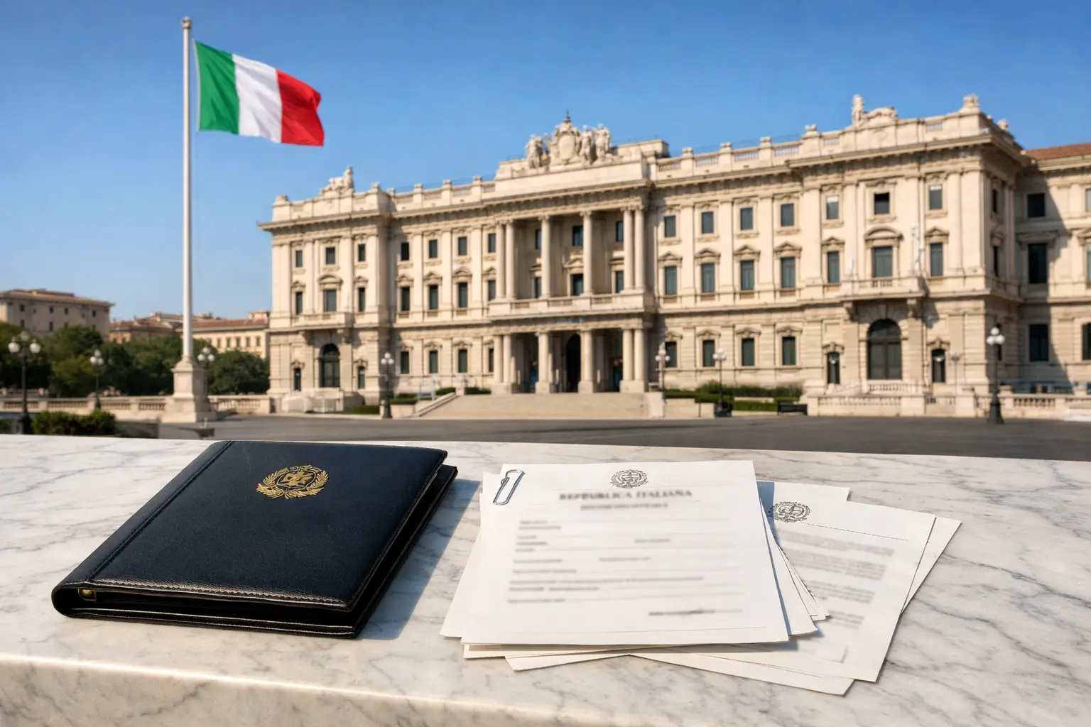 Edificio istituzionale italiano con simbolo ADM e documenti ufficiali