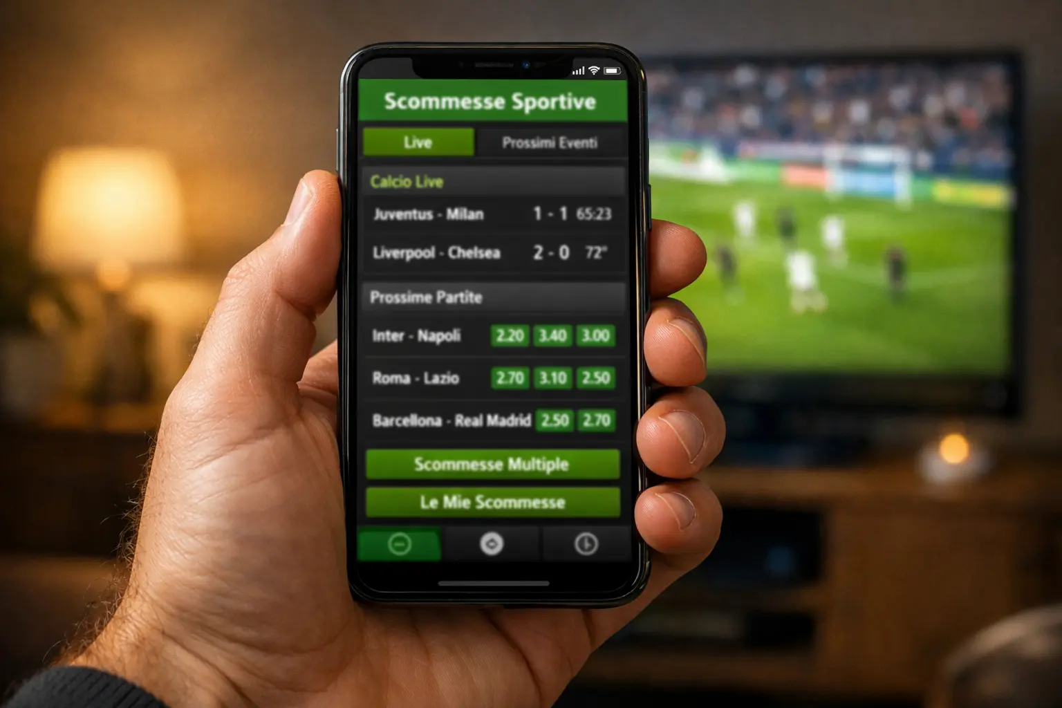 Mano che tiene smartphone con app scommesse durante partita di calcio