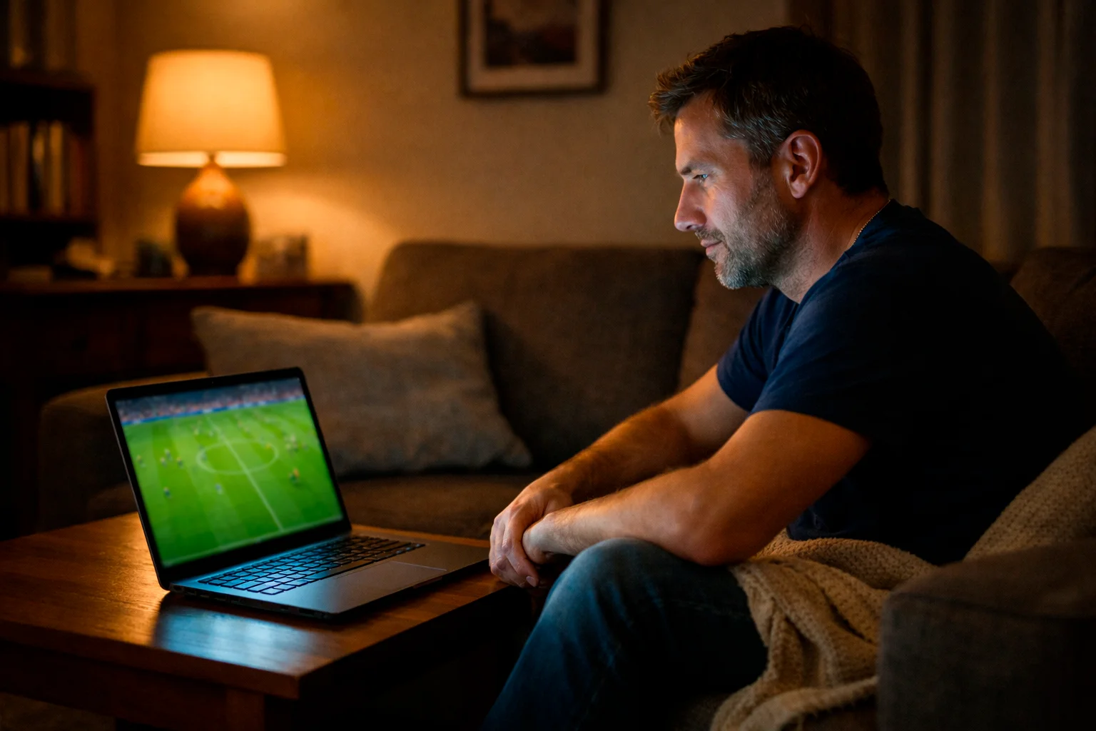 Persona che guarda una partita di calcio in diretta sullo schermo di un laptop in salotto