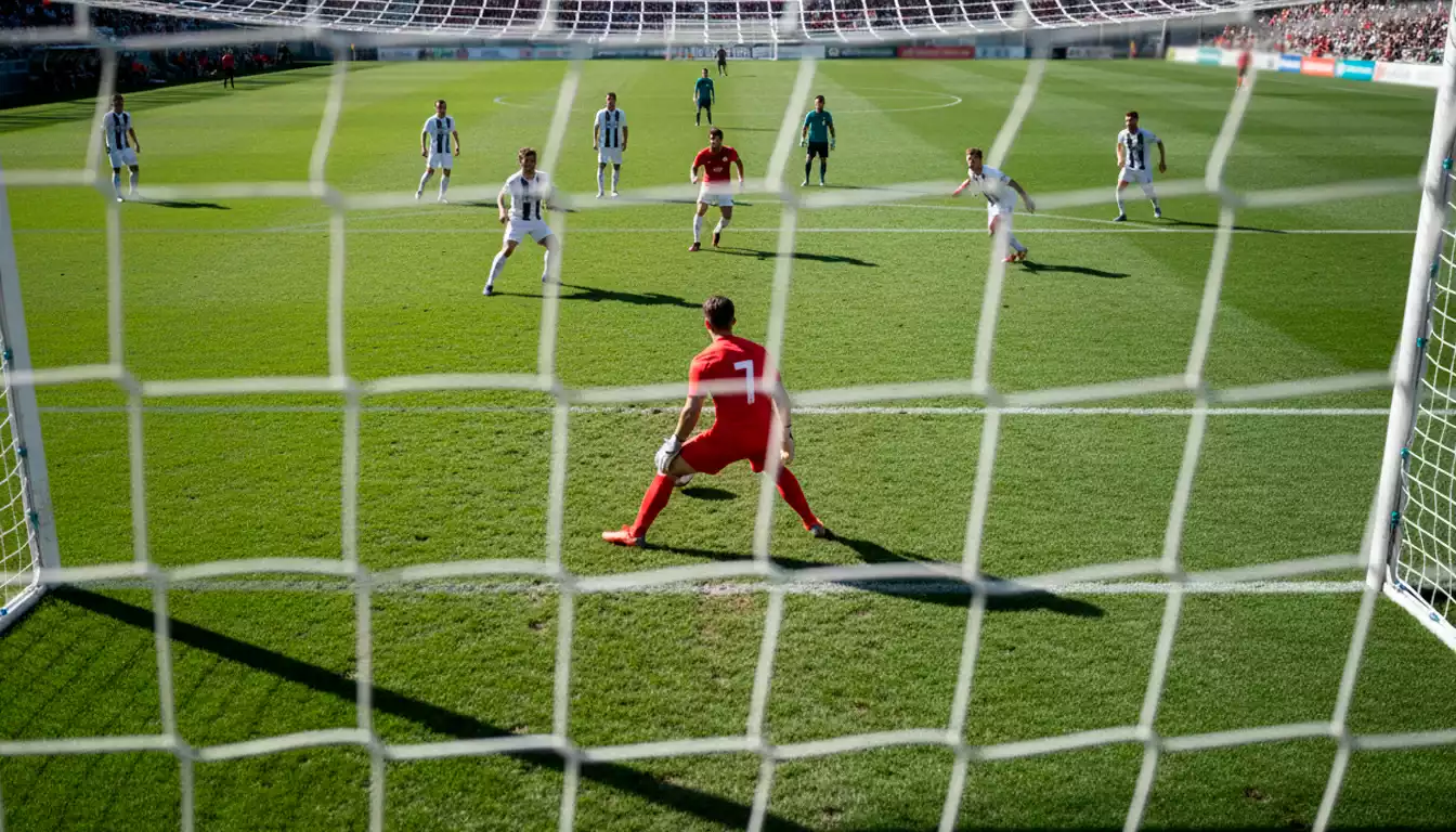 Rete di un campo da calcio vista da dietro la porta durante un'azione di gioco