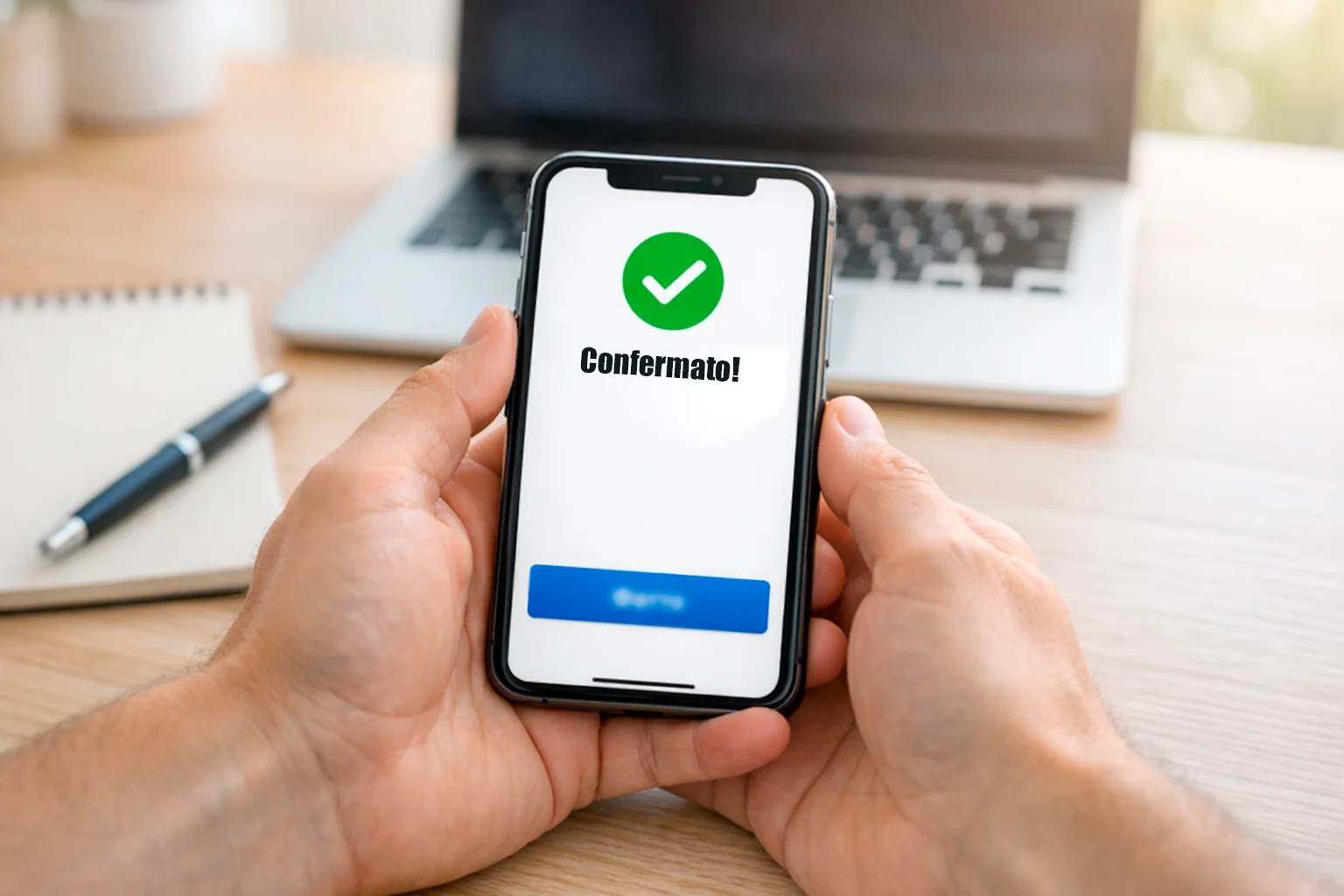 Persona che effettua un pagamento online con lo smartphone su una scrivania