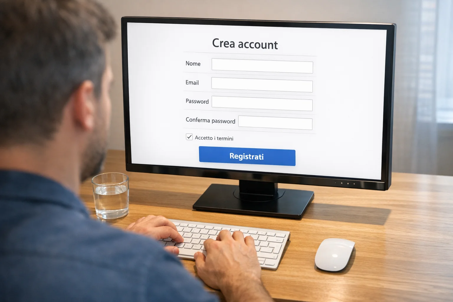 Persona seduta alla scrivania che compila un modulo di registrazione online al computer