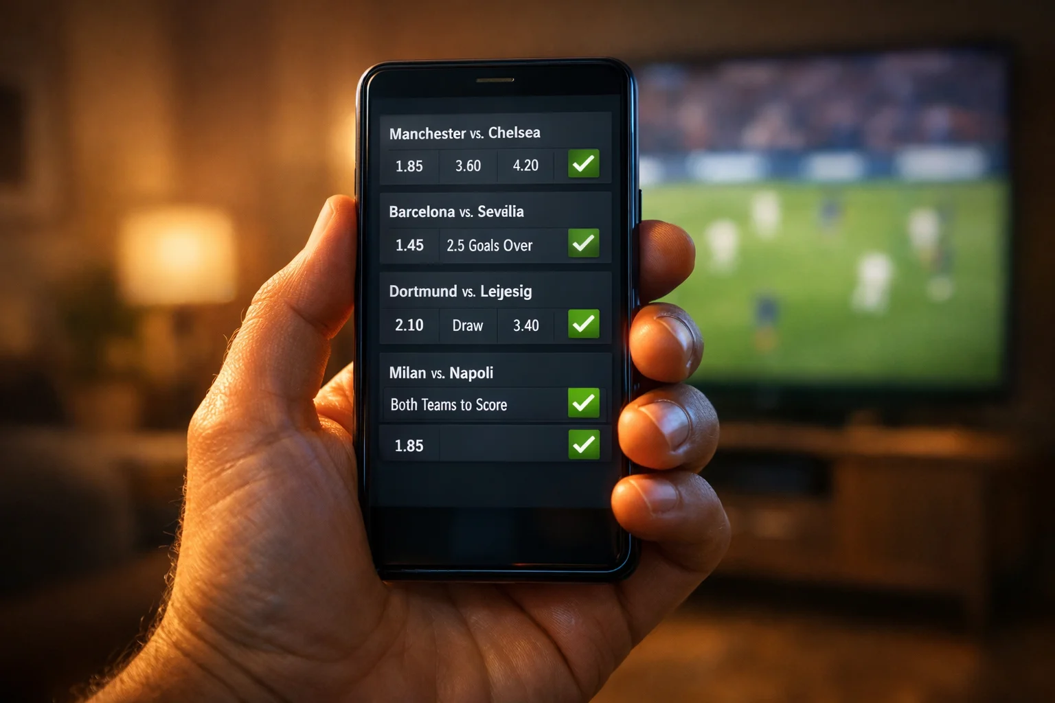 Mano che seleziona opzioni su uno schermo di smartphone per una scommessa personalizzata