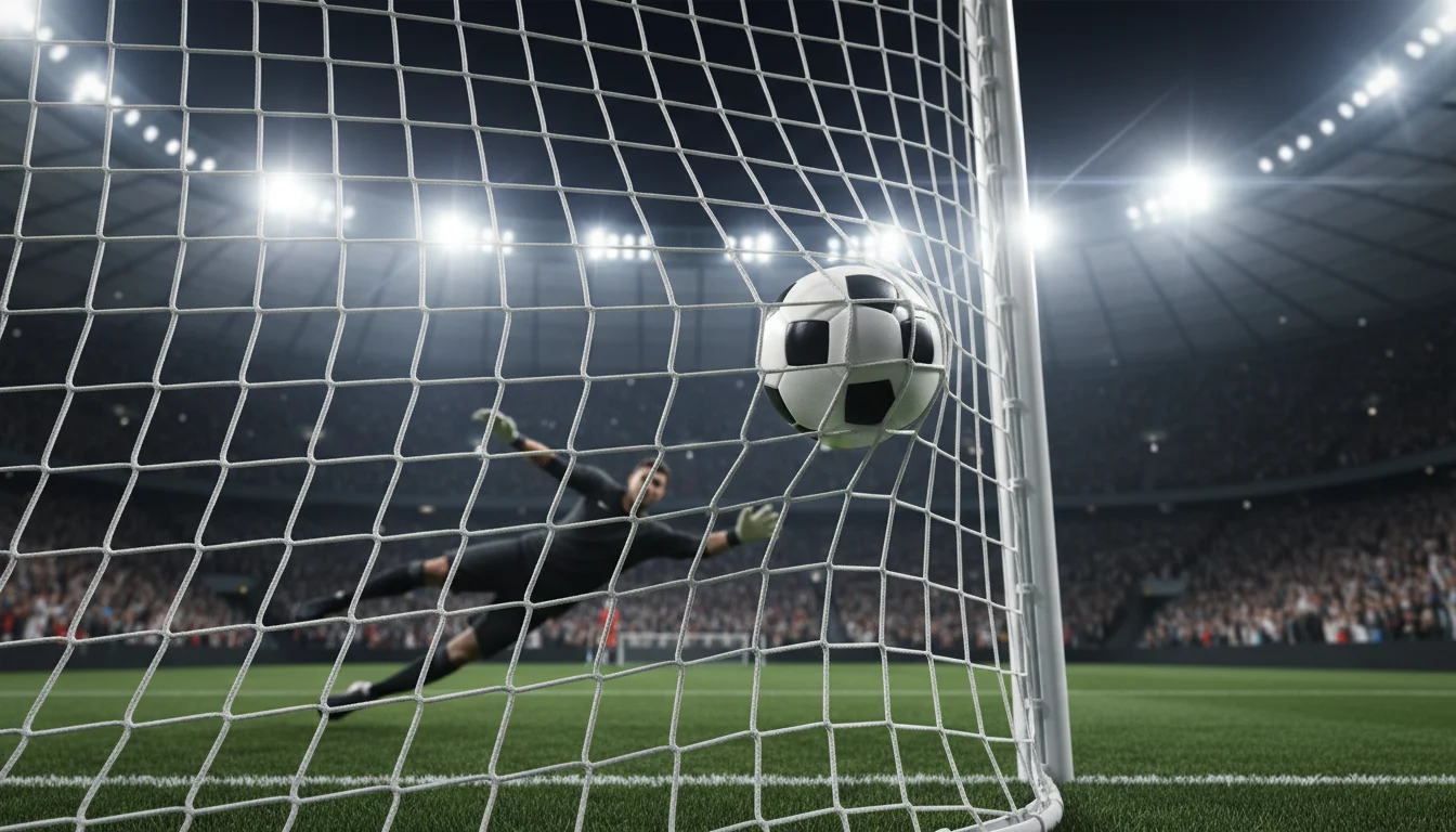 Pallone da calcio che entra nella rete di una porta durante una partita