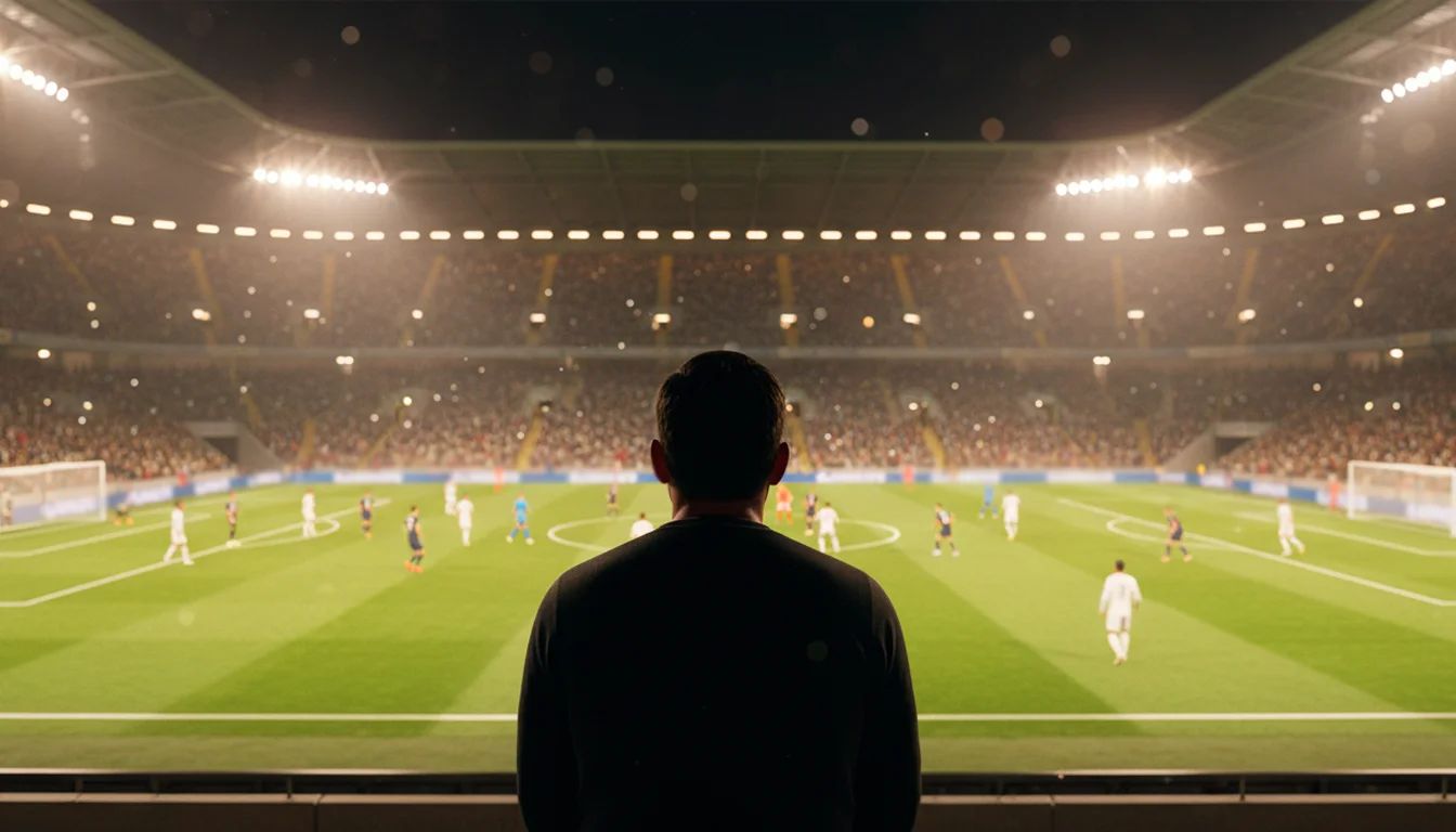 Tifoso allo stadio che guarda il campo di calcio durante una partita serale sotto i riflettori