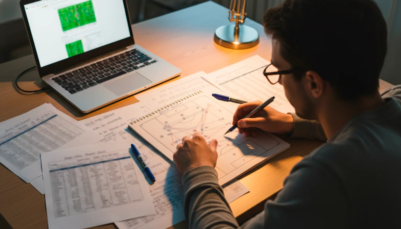 Persona che studia statistiche di calcio con appunti e dati su un tavolo