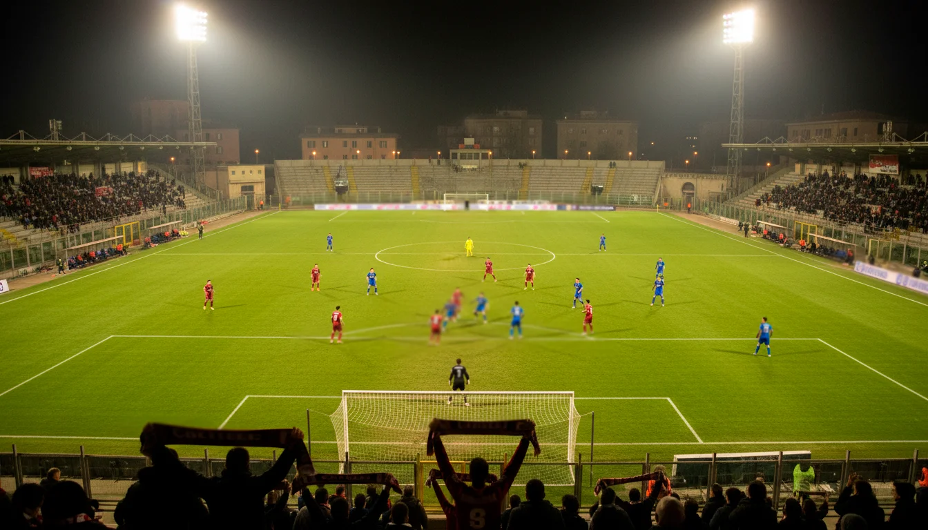 Stadio di Serie B italiano con calciatori in campo durante una partita serale