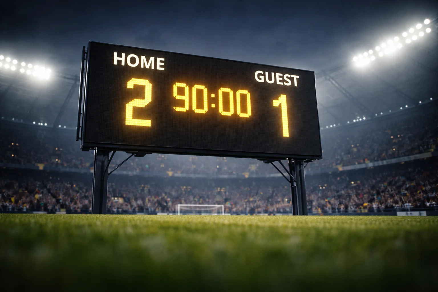 Tabellone segnapunti di uno stadio di calcio illuminato durante una partita