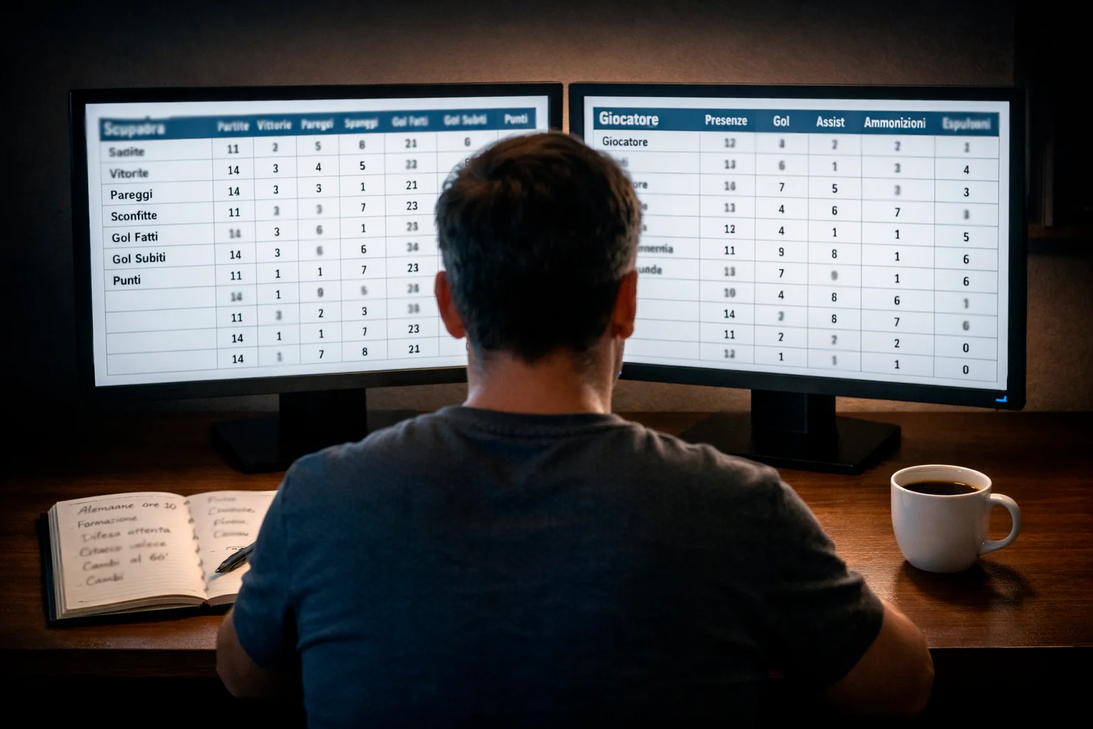 Persona che confronta dati su più schermi per analisi sportiva