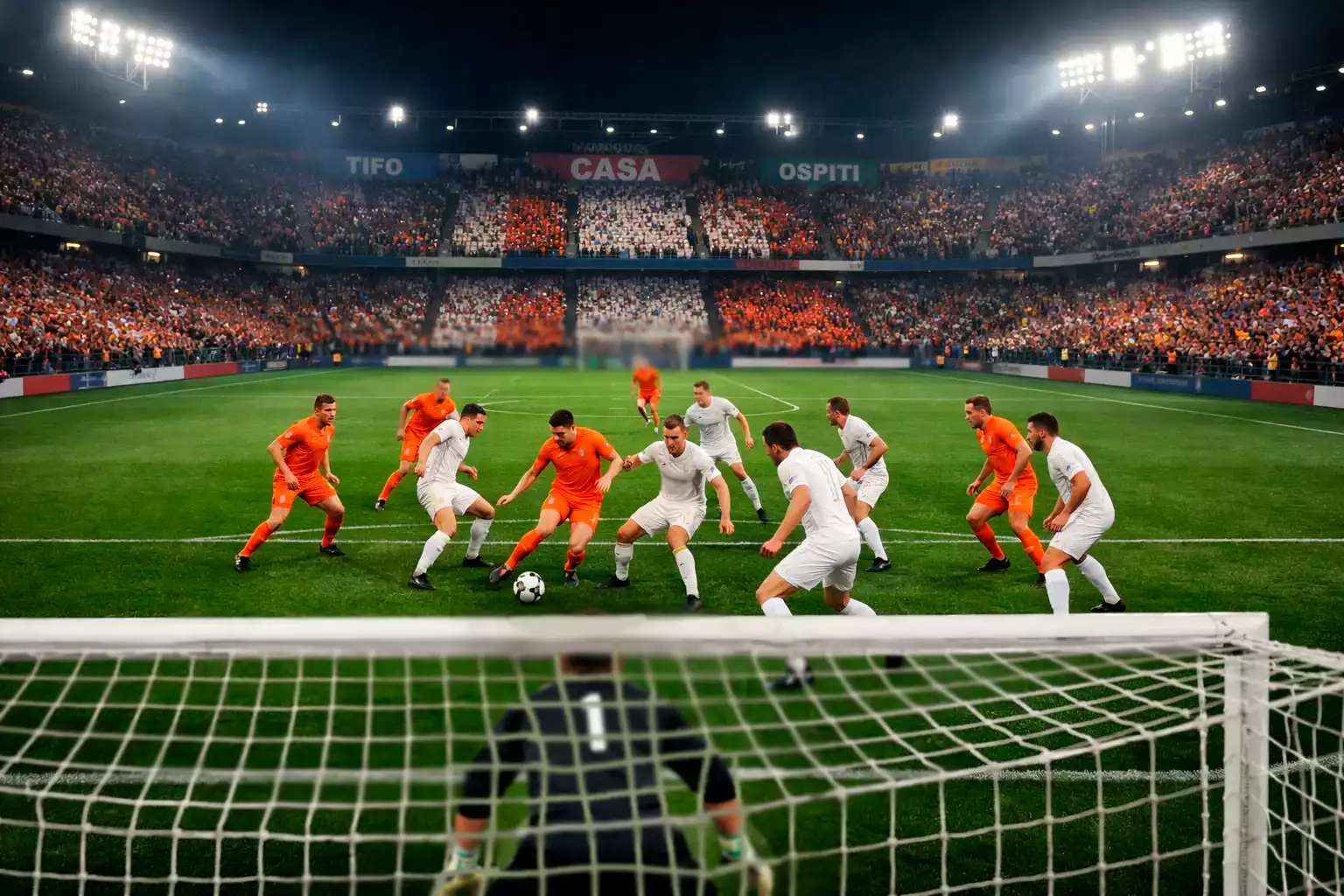 Stadio europeo illuminato per una partita serale di Europa League