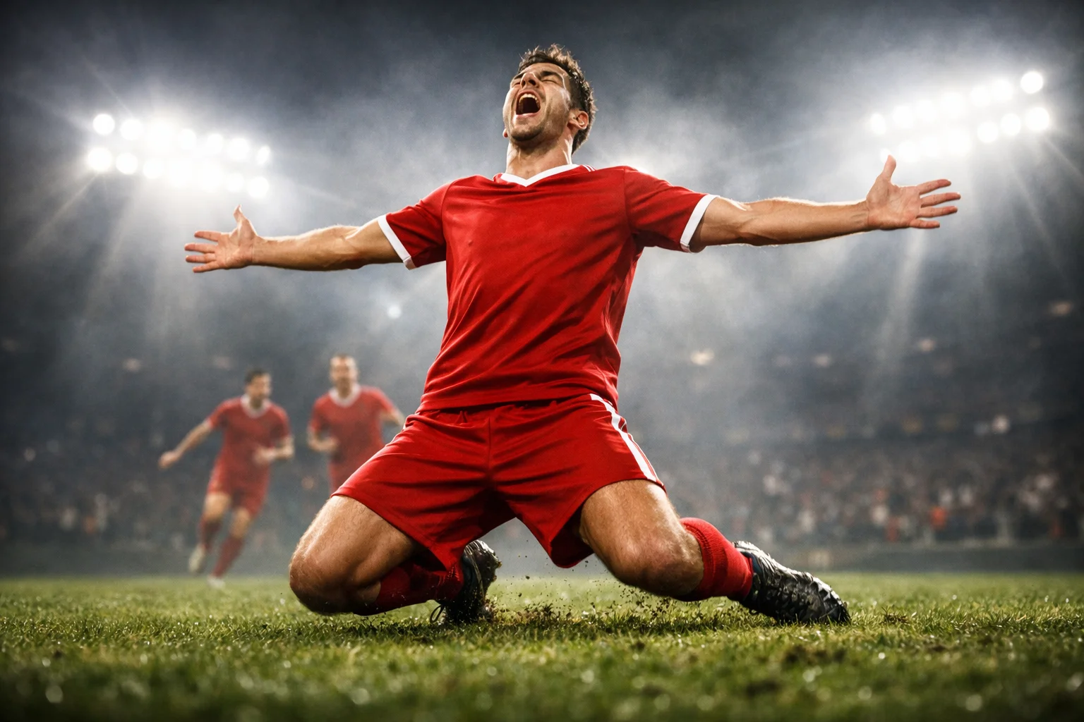 Calciatore che esulta dopo aver segnato un gol sotto i riflettori dello stadio