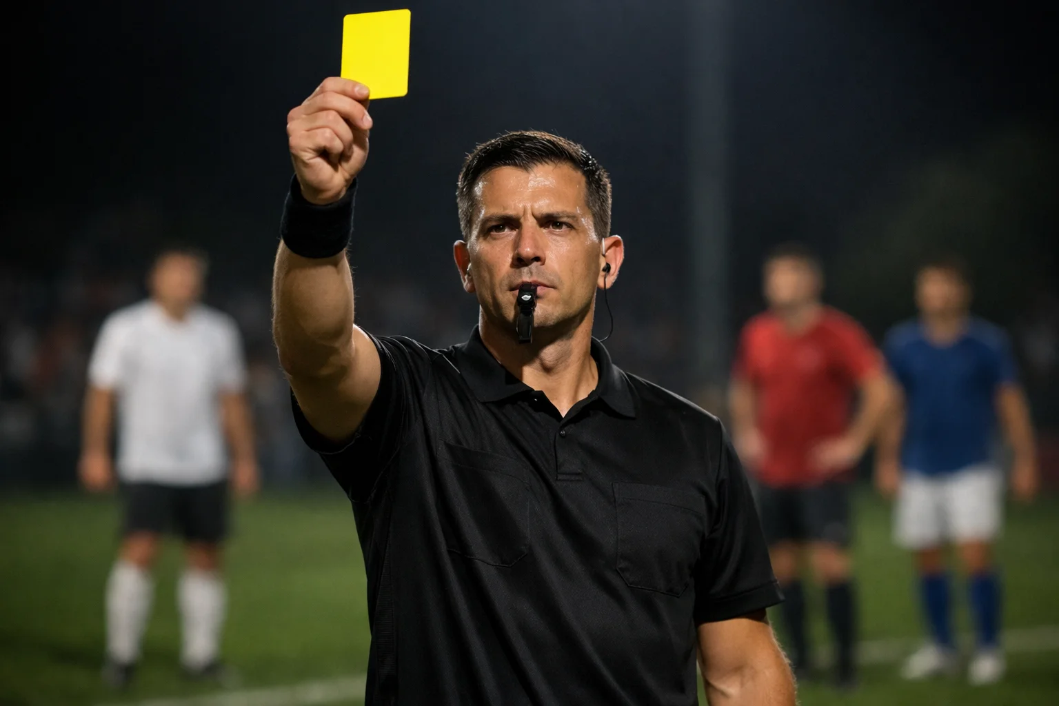 Arbitro di calcio che mostra un cartellino giallo durante una partita