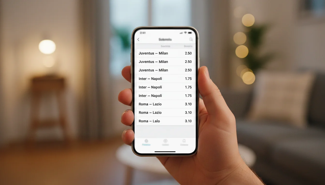 Mano che tiene uno smartphone con schermata di scommesse durante una partita di calcio