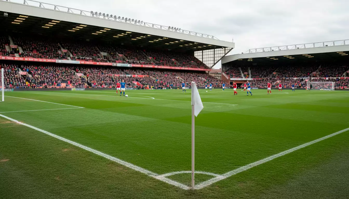 Stadio di Premier League inglese pieno di tifosi durante una partita diurna