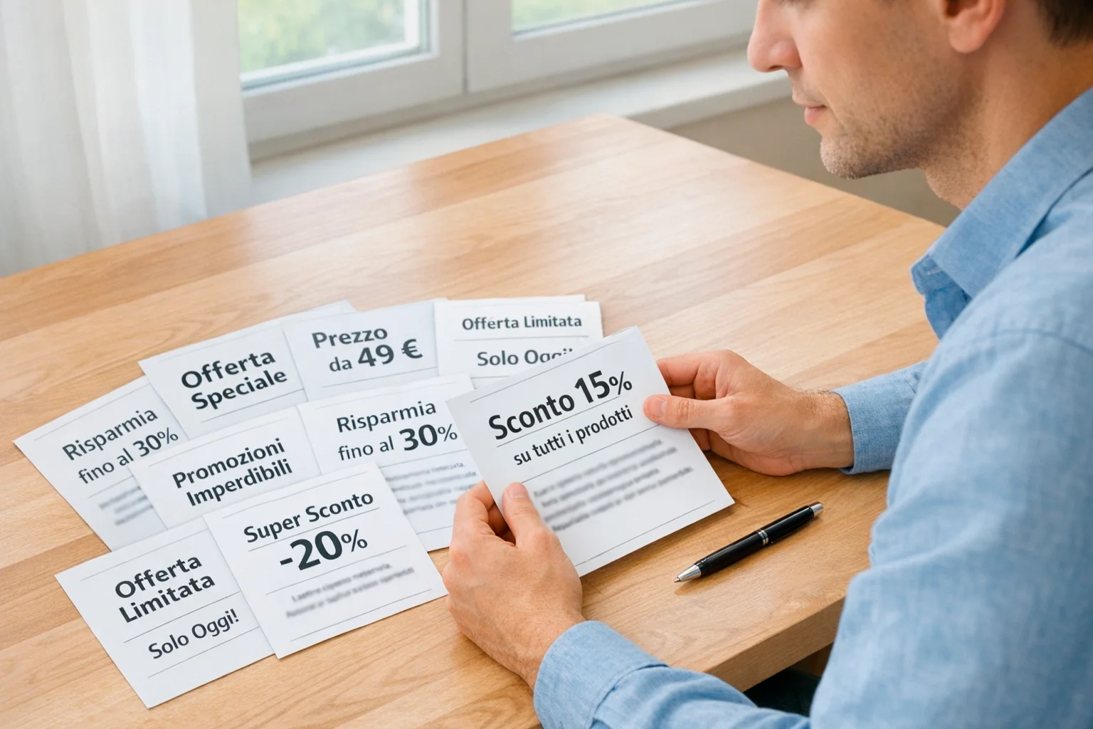 Persona che esamina documenti con offerte promozionali su una scrivania ordinata