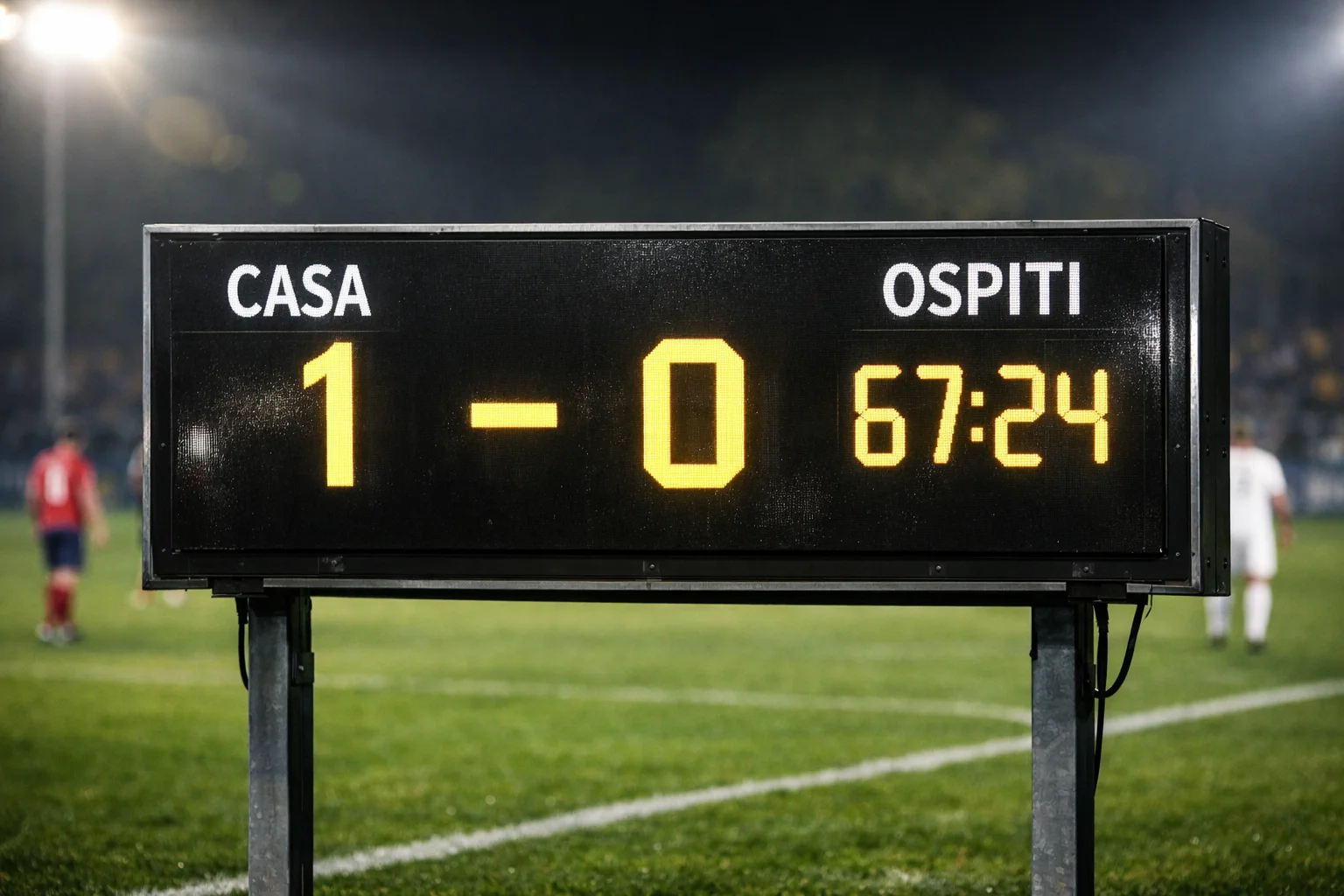 Primo piano di un tabellone segnapunti in uno stadio di calcio durante una partita