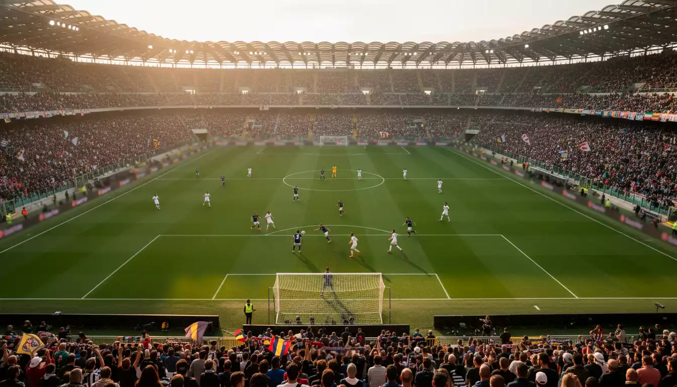 Stadio di calcio italiano durante una partita di Serie A con tifosi sugli spalti
