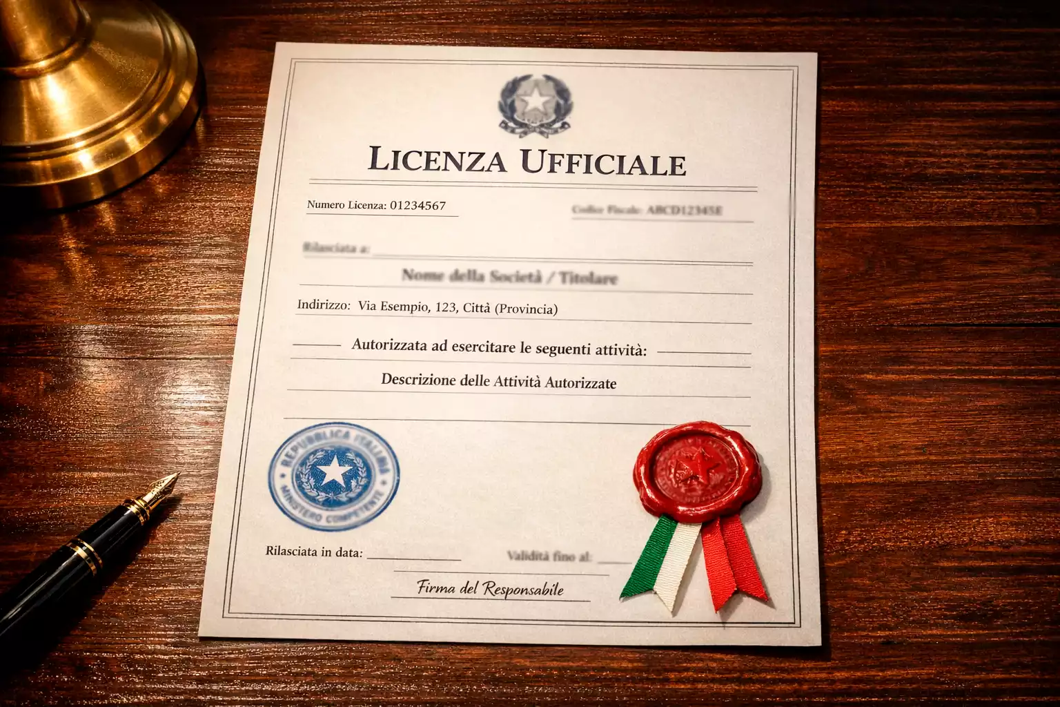 Documento ufficiale di licenza con timbro e sigillo su una scrivania ordinata