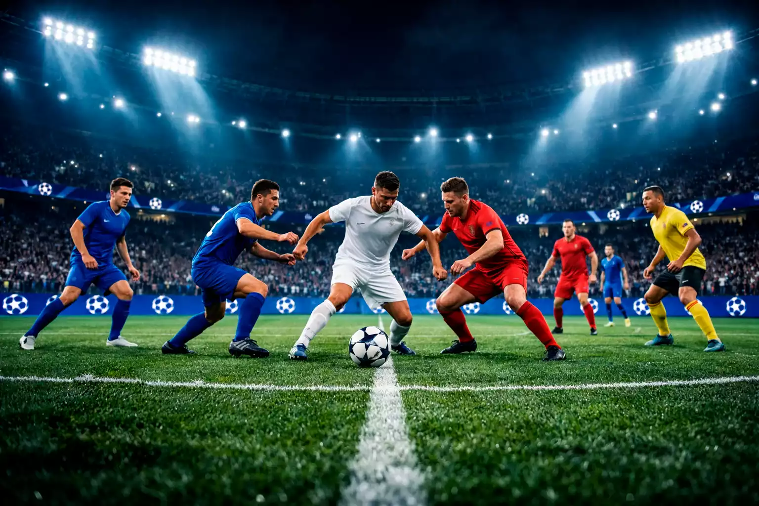 Campo da calcio illuminato di notte durante una partita di Champions League