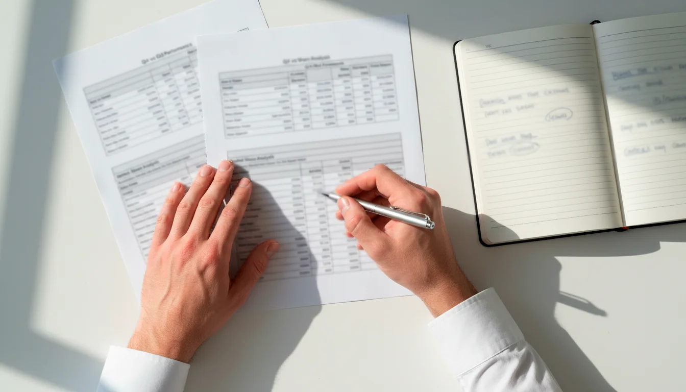 Persona che analizza dati e percentuali su fogli di carta con una penna in mano