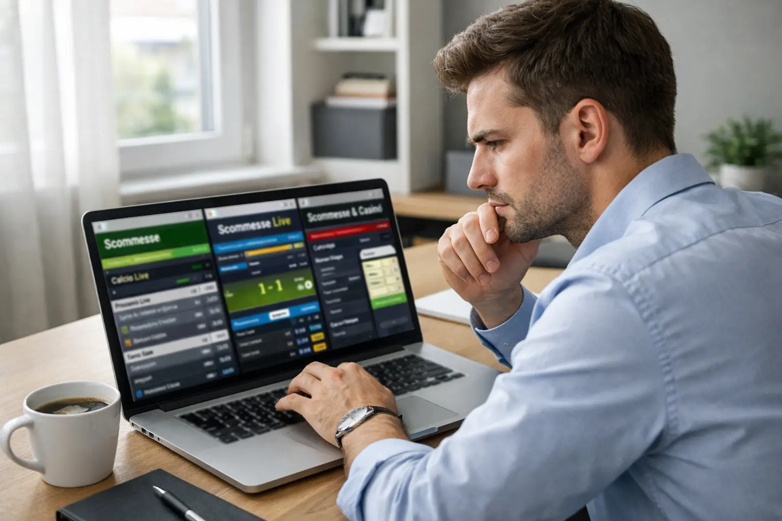 Persona che confronta diversi siti di scommesse su laptop in ufficio