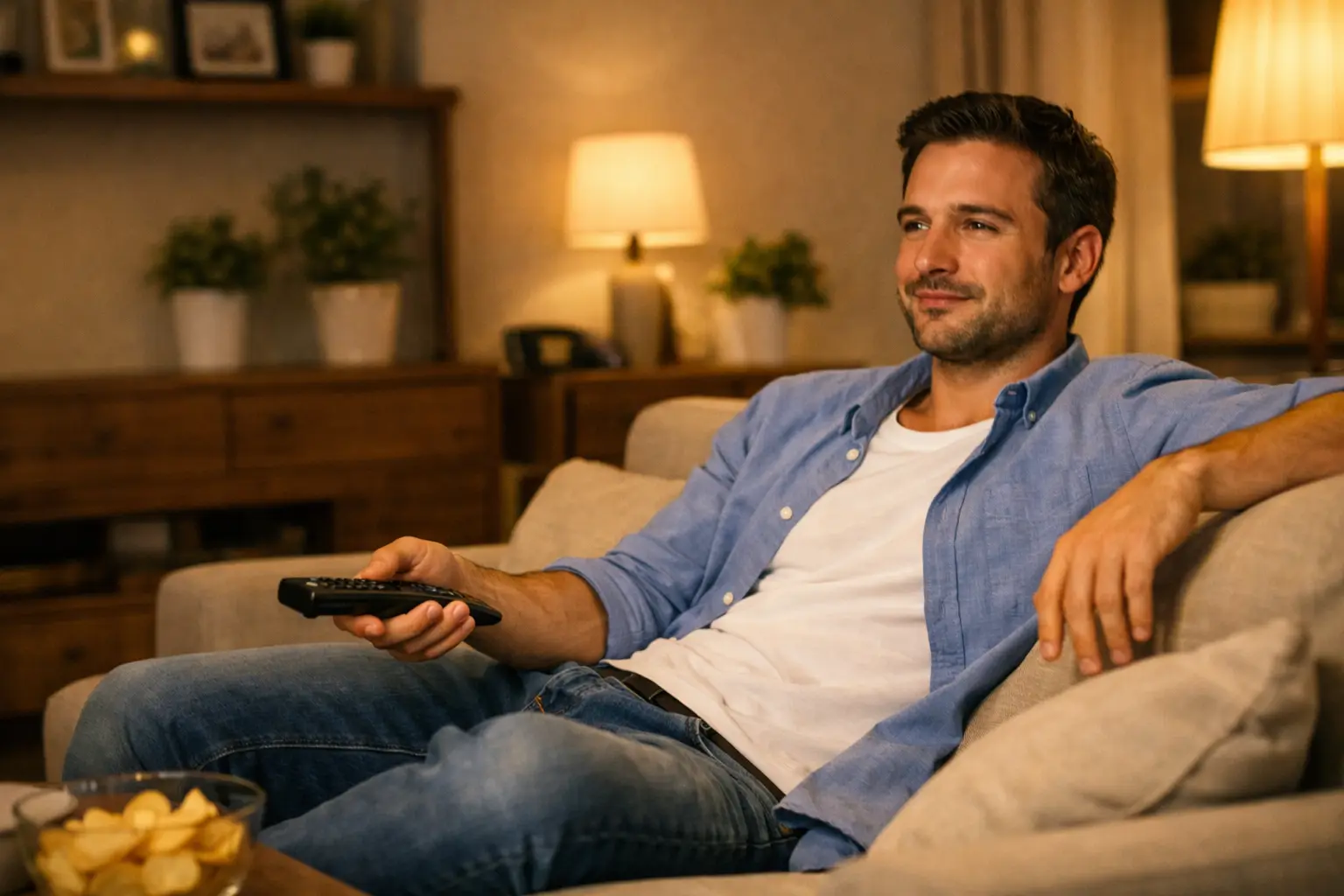 Tifoso italiano che guarda partita di calcio in modo rilassato dal divano