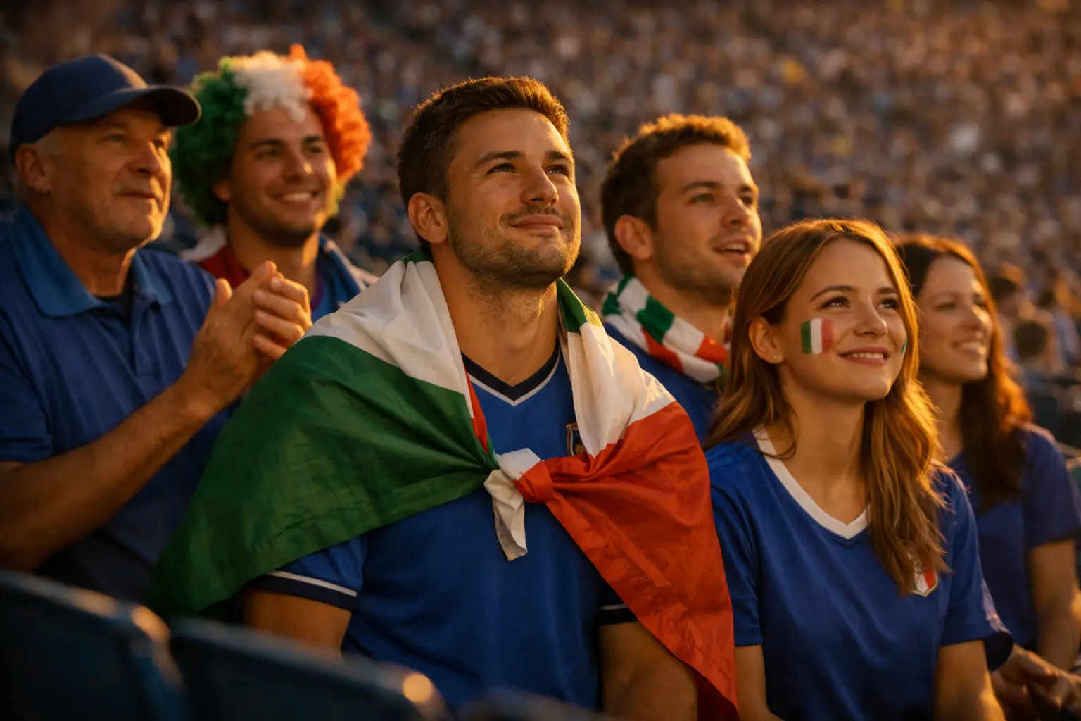 Tifosi italiani che guardano una partita di calcio allo stadio con atmosfera serale