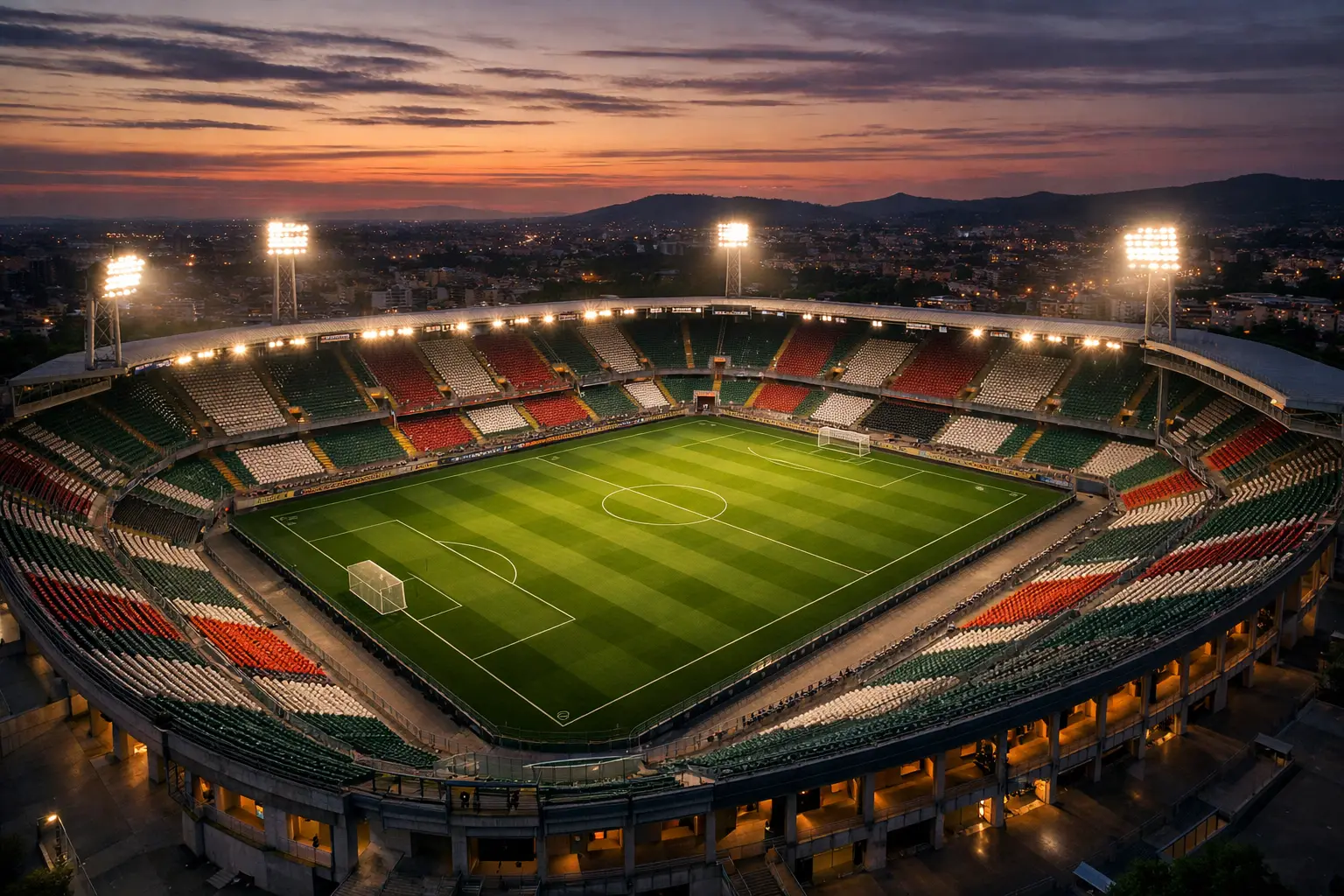 Stadio di calcio italiano con bandiera tricolore e simbolo di sicurezza