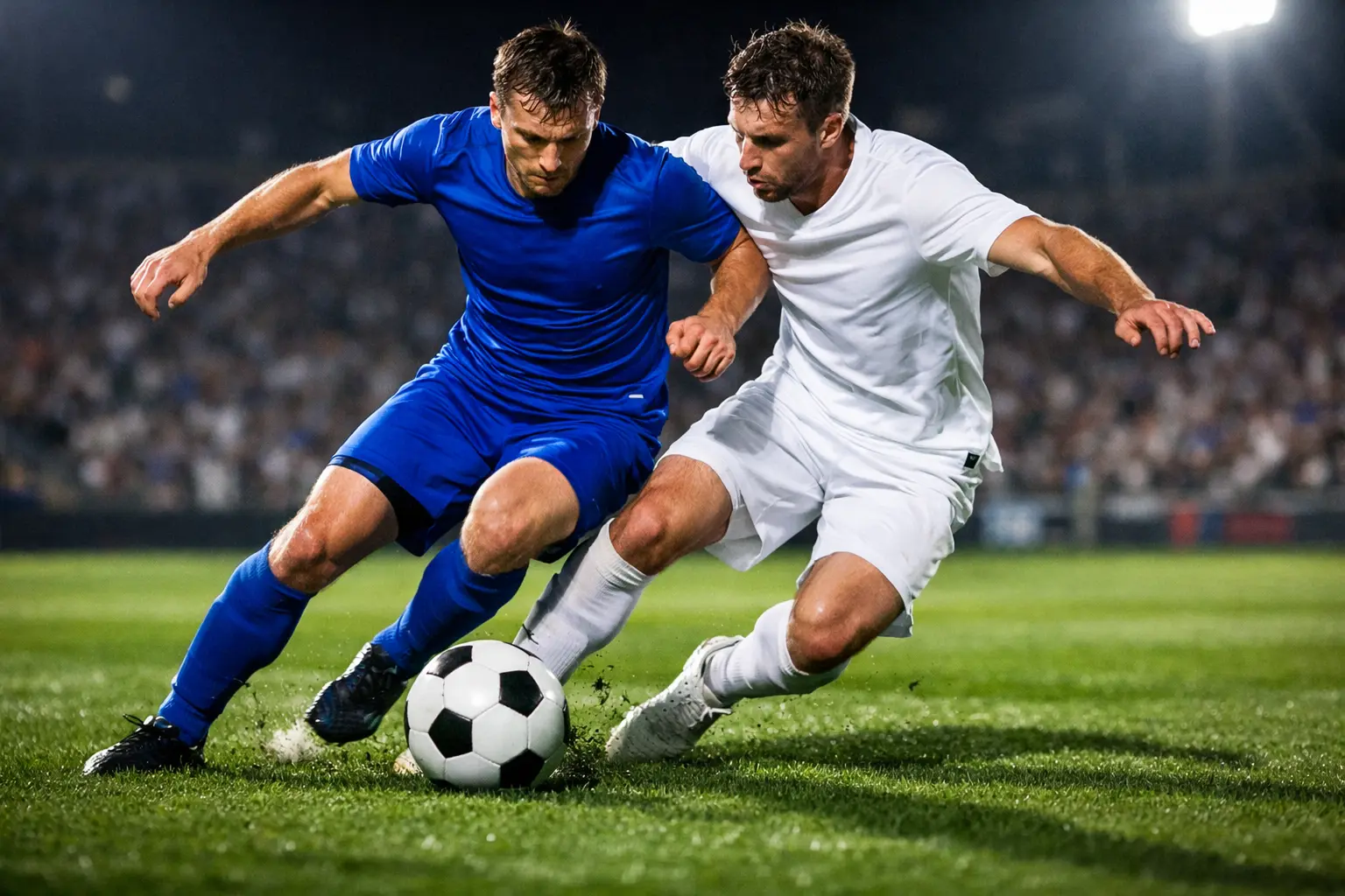 Azione di gioco durante una partita di calcio in uno stadio illuminato