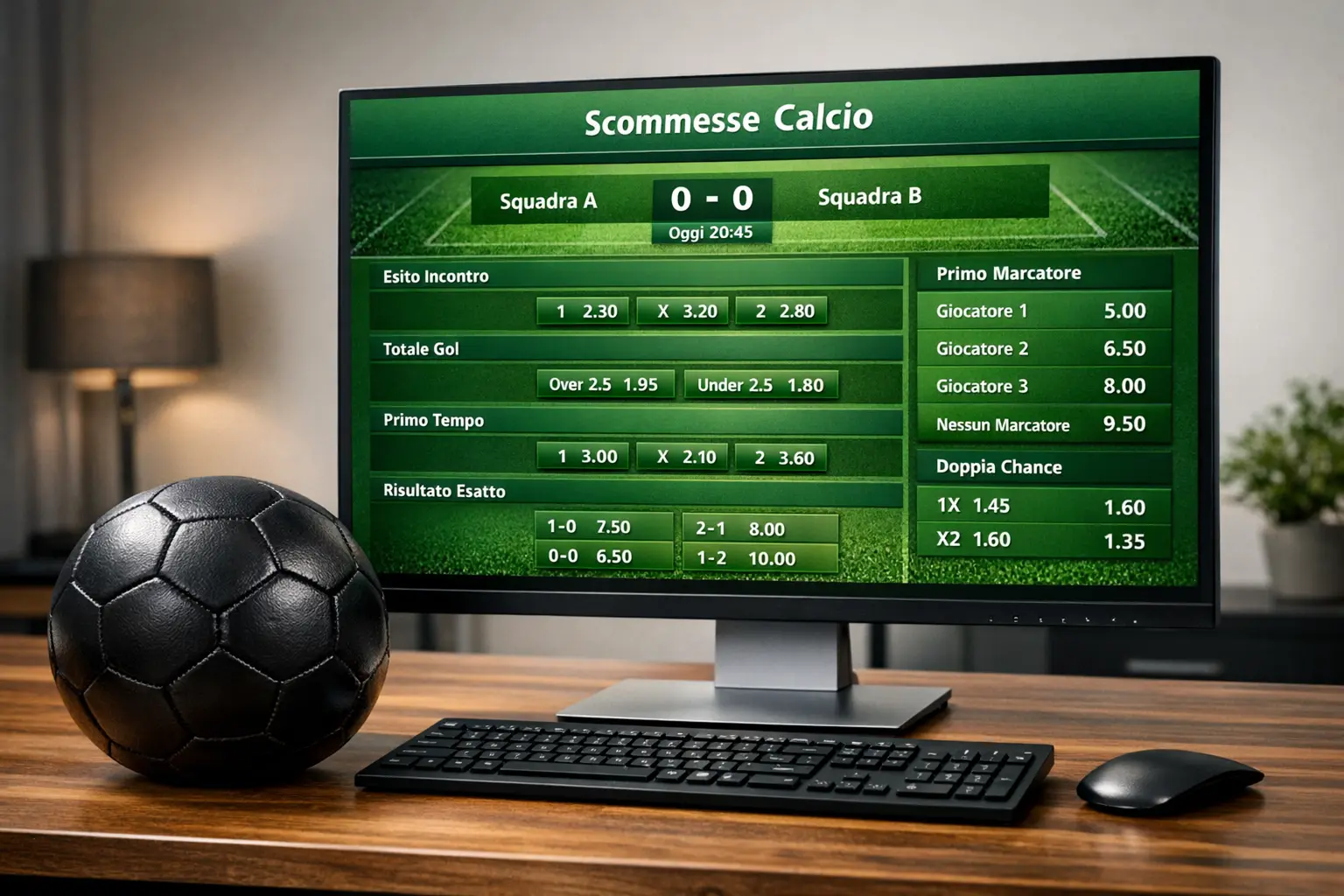 Schermo con quote sportive e pallone da calcio su campo in erba