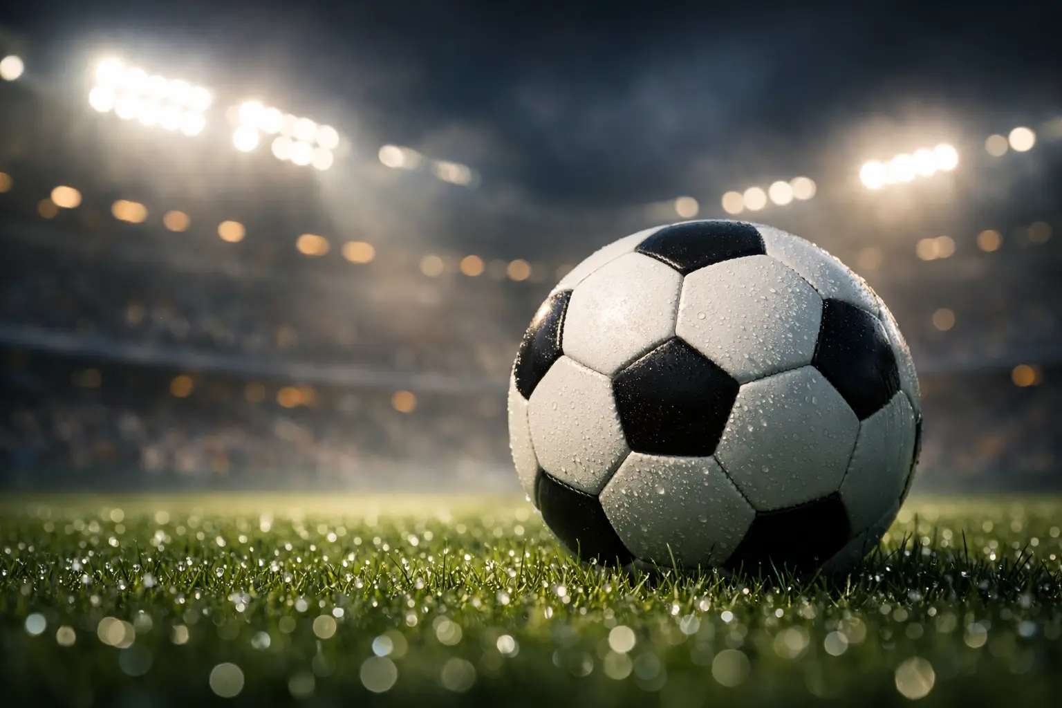 Pallone da calcio su campo verde illuminato