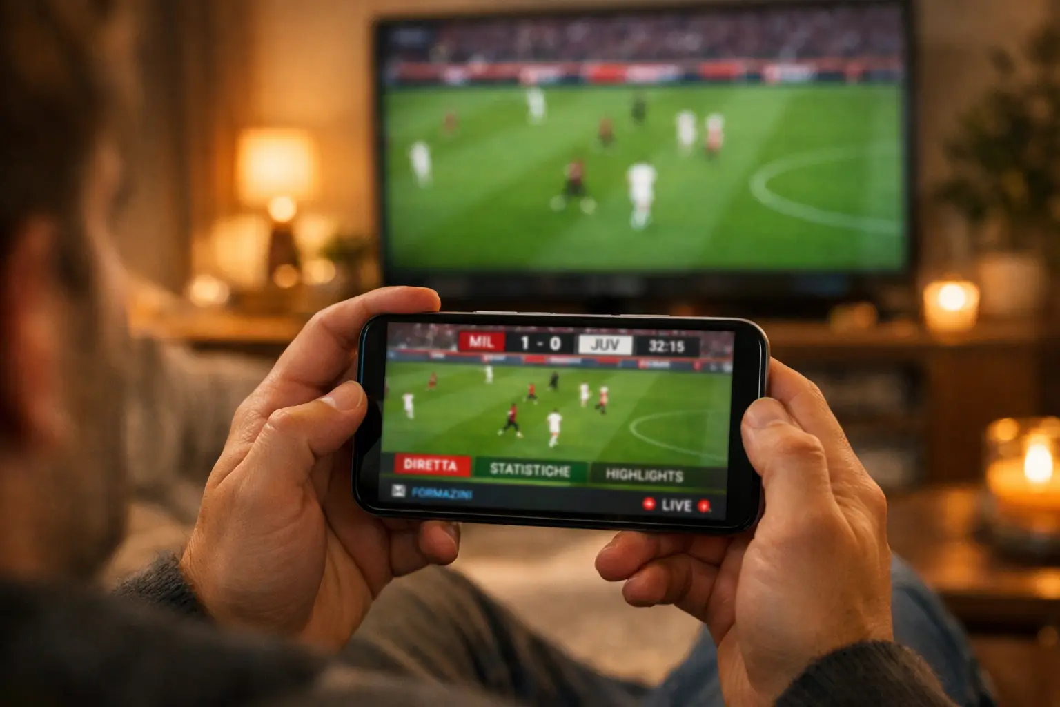 Tifoso che segue partita su smartphone
