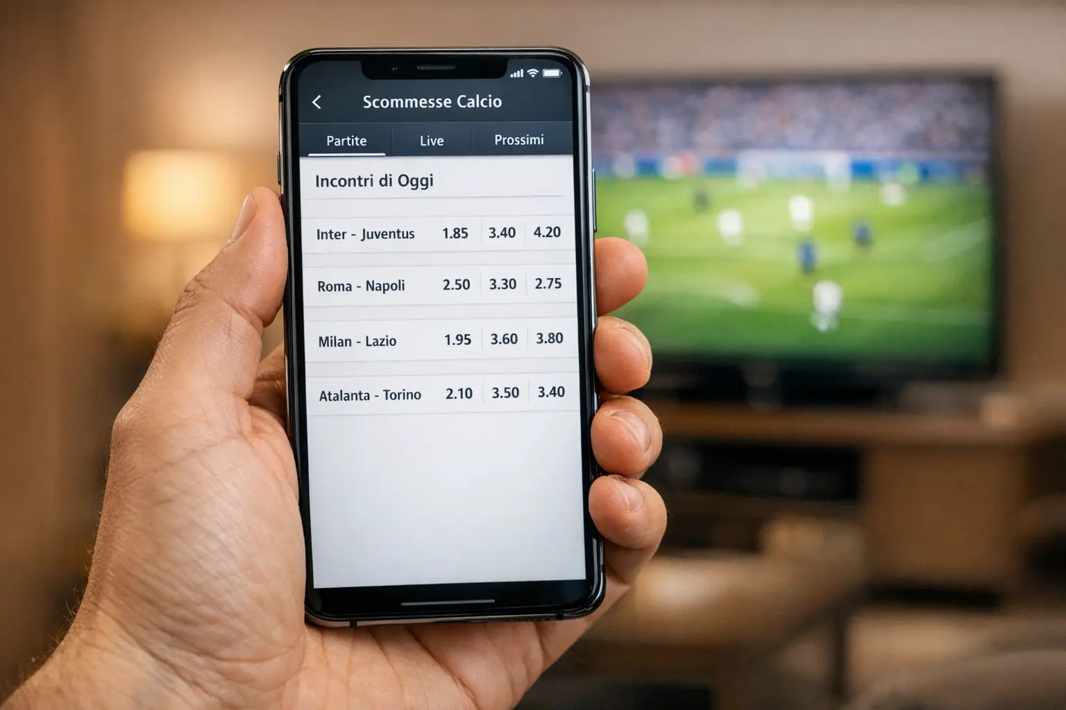 Mano che tiene uno smartphone con app di scommesse durante una partita di calcio