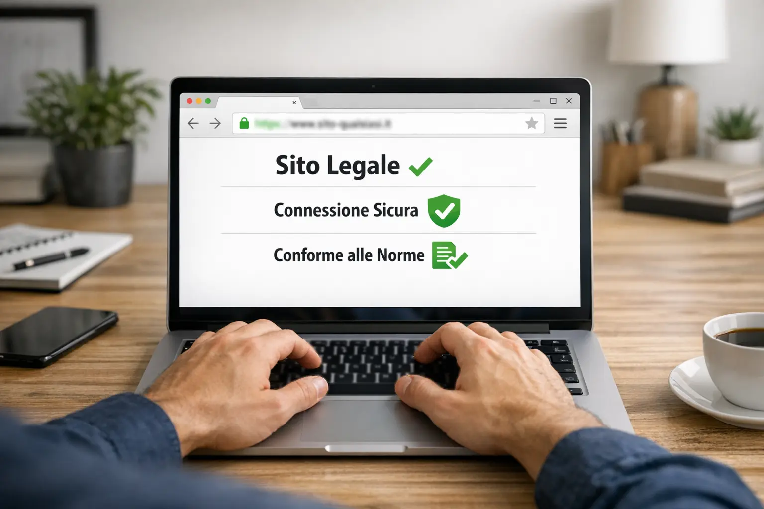 Persona che verifica la licenza di un sito web su computer portatile